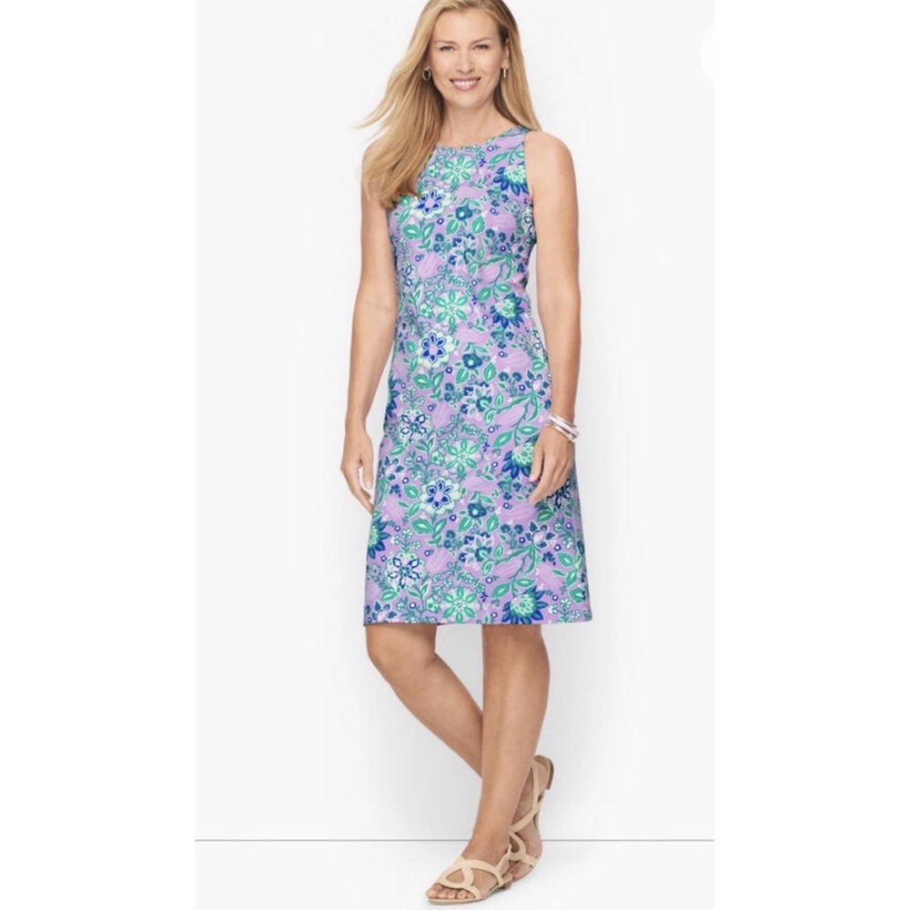 Talbots Women's Purple Floral Effortless Jersey Knit Shift Dress Keyhole Size SP